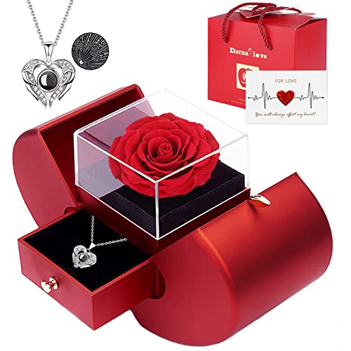 Moshen Preserved Real Red Rose with I Love You Necklace in 100 Languages - Romantic Gift for Girlfriend, Wife, Mom, Women - Christmas, Valentine's, Mother's Day