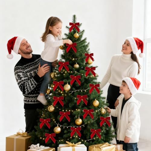 24 Pcs Red Small Velvet Bows for Christmas Tree, 3.54 Inch Mini Christmas Bows for Gift Wrapping, Twist Tie Velvet Bows Xmas Ornaments for Wreath, Crafts, Party, Wedding