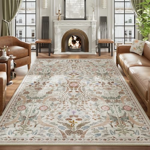 AMTOVO 8x10 Beige Washable Area Rug with Floral Vintage Design for Living Room & Bedroom