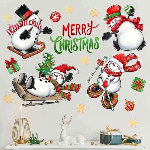 Mfault Merry Christmas Snowman Wall Decals Stickers, Xmas Tree Sleigh Peppermint Candy Decorations Bedroom Art, Snowflake New Year 2026 Party Home Kitchen Decor Winter Holiday Gift