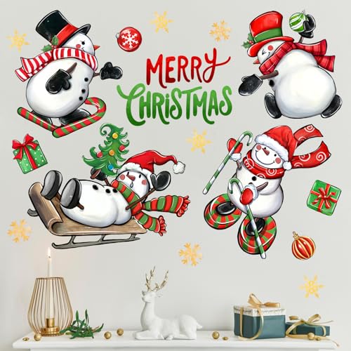 Mfault Christmas Snowman Wall Decals Set - Holiday Stickers for Xmas Decor, Includes Santa Sleigh & Tree