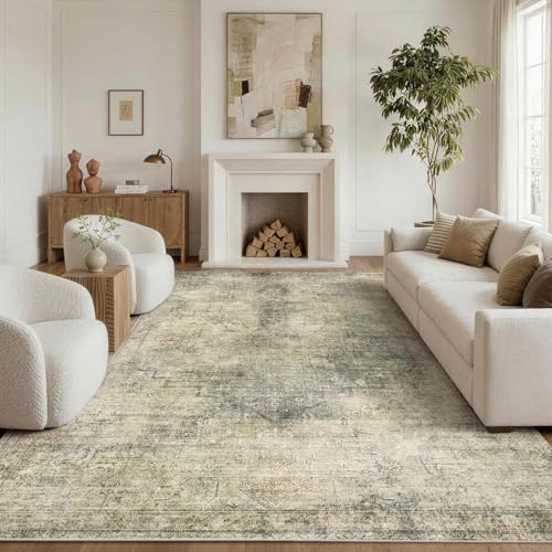 Green Washable Area Rug 6x9 Vintage Bohemian Style for Living Room & Bedroom - Green Beige Variation