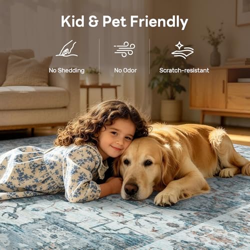 9x12 Light Blue Vintage Washable Area Rug for Living Room & Bedroom - SimpWalnut