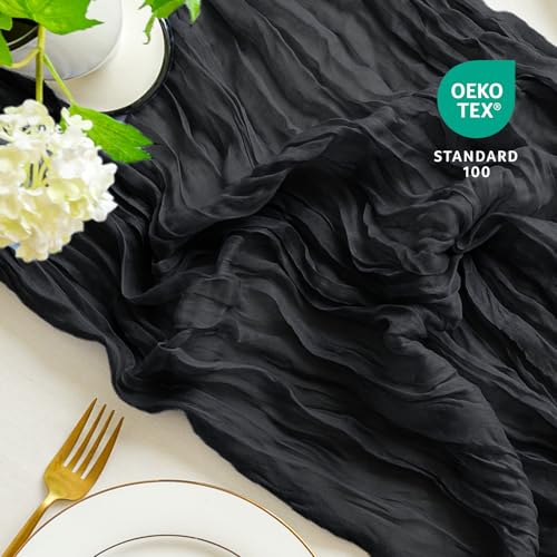 Black Cheesecloth Table Runner 10ft - Boho Rustic Decor, 10pc Set