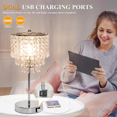 Seaside Village Silver Touch Control Crystal Table Lamp with USB C+A Ports, 3-Way Dimmable Nightstand Lamp, Includes B11 LED Bulb