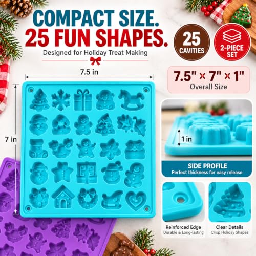 Keliwa 2-Pack Christmas Silicone Chocolate Molds - 25 Holiday Shapes, Food-Grade BPA-Free, Flexible & Reusable