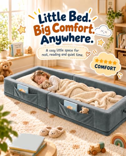 Toddler Portable Travel Bed Grey - Foldable & Washable Floor Bed for Kids