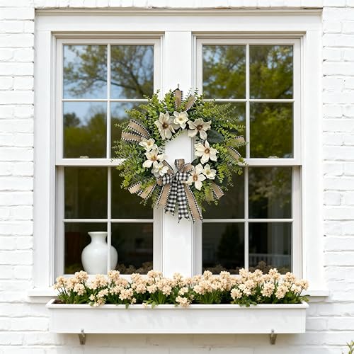24-Inch Magnolia Wreath with Buffalo Plaid Bow | Farmhouse Front Door Decor