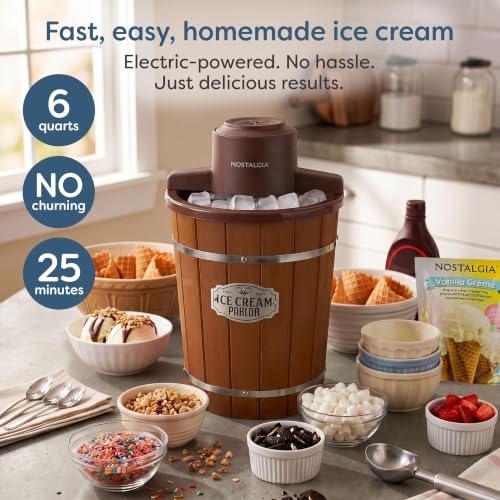 6 Qt Electric Ice Cream Maker - Vintage Wooden Style Frozen Dessert Machine - Dark Wood