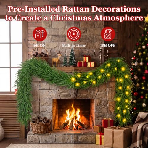 9 ft Real-Touch Norfolk Pine Christmas Garland, Prelit with 3 Light Modes
