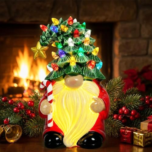 Lighted Christmas Tree Gnome Figurine - 7 Inch Table Decor with Pedestal - Resin Holiday Ornament