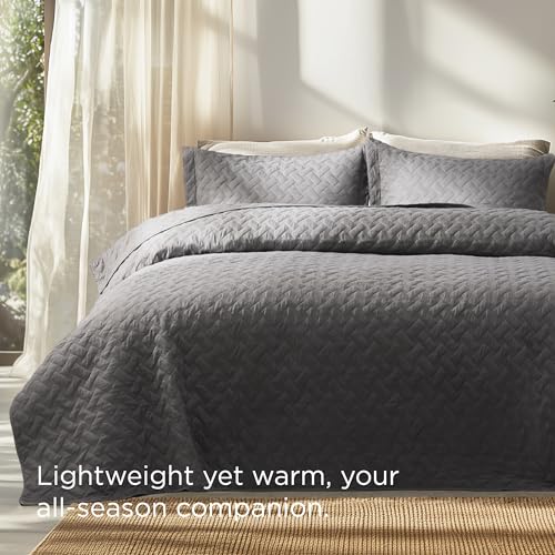 Oversized King Quilt Set with Basket Weave Pattern - Grey, 120x120 Inches - Lightweight Bedspread & Pillow Shams