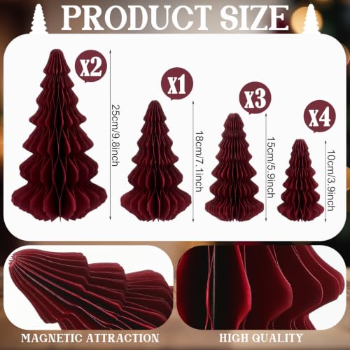 Fullhawl 10 Pcs Honeycomb Paper Christmas Tree Set Burgundy 4/6/7/10 Inch