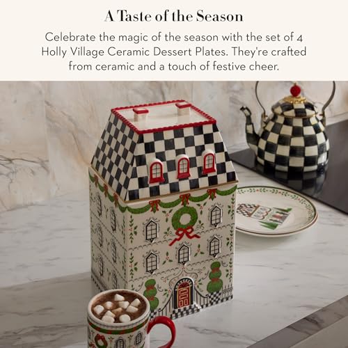 MacKenzie-Childs Holly Village Ceramic Dessert Plates Set of 4
