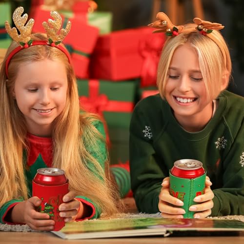 Cinrobiye Green Christmas Can Cooler Sleeves 24 Pack Reusable Holiday Beverage Holders