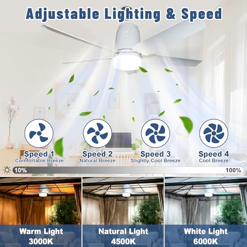 Solar Outdoor Ceiling Fan Light - 31.5 Inch Portable Gazebo Fan with Remote & Hook