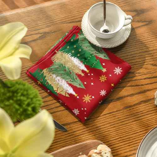 Horaldaily Christmas Cloth Napkins 18 x 18 Inch, Christmas Pine Tree Stars Red Party Dinner Decoration Washable Napkins Set of 4