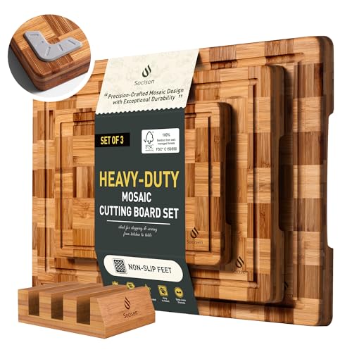 Heavy Duty Bamboo Cutting Board Set of 3 - Non Slip, Thick End Grain Kitchen Chopping Boards, Multiple Sizes