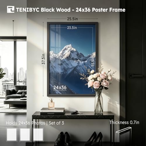 TENIBYC 24x36 Poster Frame Black Wood 3 Pack Wall Mount Picture Frames
