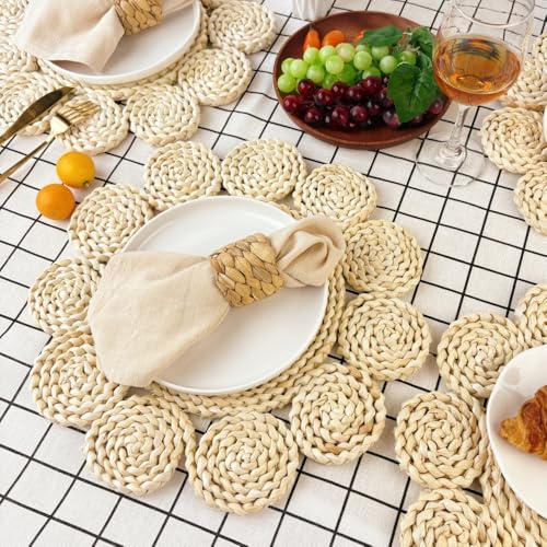 IcosaMro Style C 13.8 Inch Boho Woven Placemats Set of 6 Natural Table Mats for Indoor & Outdoor Dining