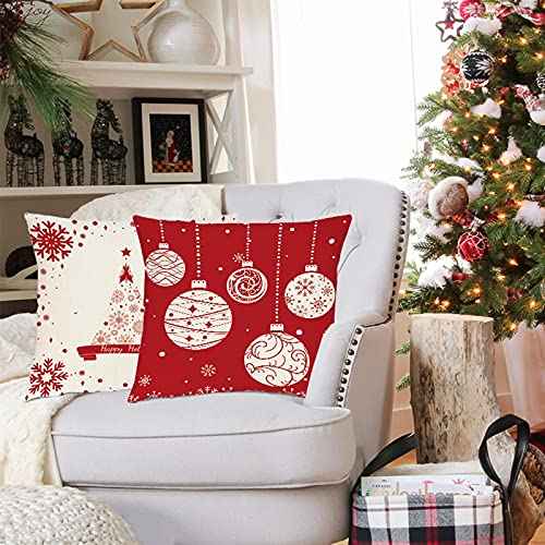 Hlonon Christmas Throw Pillow Covers Set of 4 Winter Decorative Rustic Pillowcase for Holiday Decorations Christmas Home Sofa Couch Decor, Red & Cream White (20 x 20 Inches)