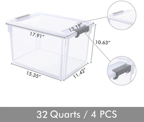 Citylife 32 QT Plastic Storage Bins - Stackable Latching Containers for Garage, Closet & Kitchen | 4 Pack