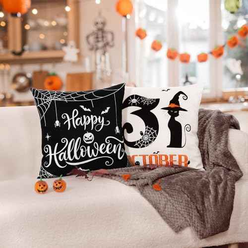 Ghost Halloween Decorations-Throw Pillow Covers 18x18in Set of 4,Spooky Gothic Black Cat Pillow Case for Couch Christmas Holiday Party Outdoor Black White Decor