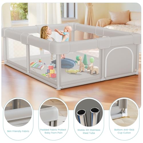 Baby Playpen 50x50x27 Inches with Gate - Grey, No Mat, Safe Indoor & Outdoor Play Area
