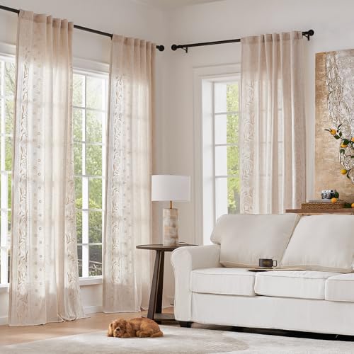 JINCHAN Ivory Floral Linen Curtains 50" x 84" - Pack of 2, Back Tab, Light Filtering
