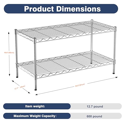 36x18x19.5 Inch Heavy Duty Metal Shelving Unit with Lockable Wheels - 2-Tier Wire Rack