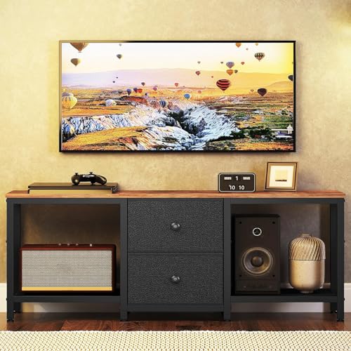 YATINEY TV Stand for 55-Inch TVs with 2 Fabric Drawers Rustic Brown & Black DS02BR