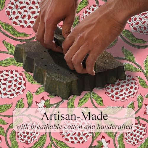 Ridhi Pink Strawberry Hand Block Print Rectangular Tablecloth 108x60 Inches