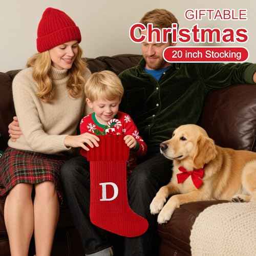 Christmas Stockings with Initials, 20-Inch Personalized Embroidered Monogram Knit Christmas Stocking,Large Cable Letter Knitted Christmas Stockings for Fireplace Family Christmas Decorations(S,White)