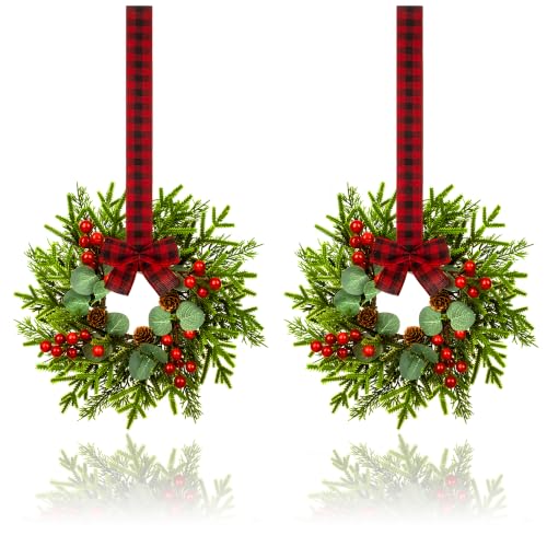 JUSTOTRY 2pc Mini Christmas Wreath with Red Berry Pine Eucalyptus - Kitchen Cabinet Window Decor