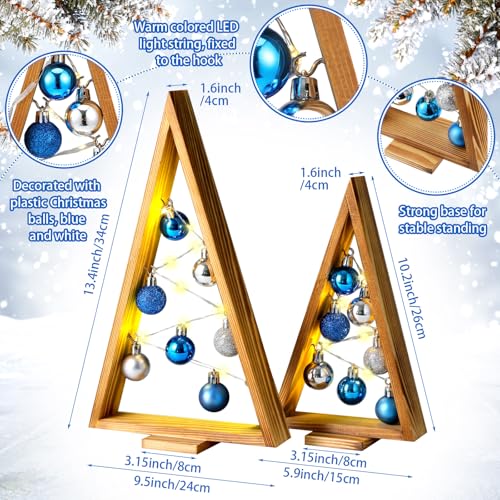 Hungdao 2 Pack Blue Wooden Christmas Tree with LED Lights & Silver Balls - Tabletop Holiday Decor