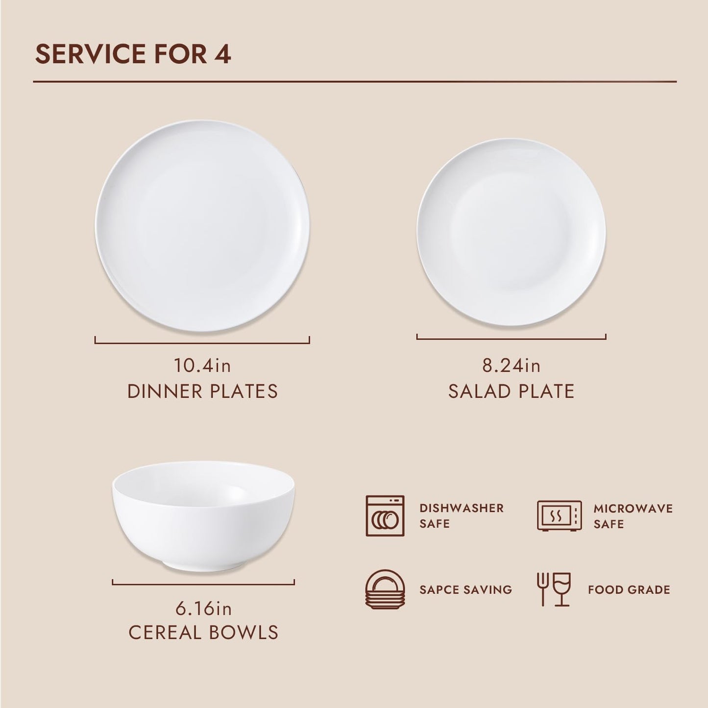 KINGSTONE 12-Piece Bone China Dinnerware Set for 4, Lightweight Porcelain Round Plates and Bowls Set, Durable Scratch Resistant Ceramic Dinner Set, Microwave & Dishwasher Safe, Ivory White