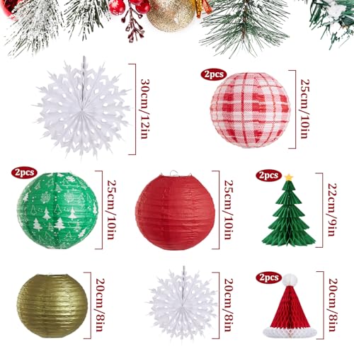 OBBOLO Christmas Hanging Decor Set 12 pcs Red Green White Gold Honeycomb Paper Lanterns Fans