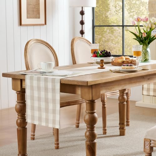 POSEAT Beige Gingham Table Runner 72 x 13 Inches | Cotton Linen Blend