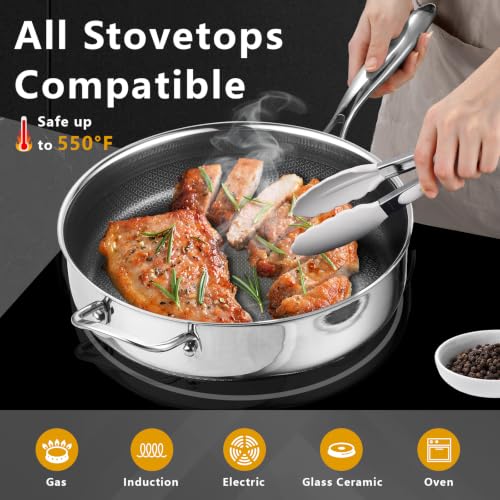 12-Inch Hybrid Nonstick Deep Sauté Pan with Lid - 5.6 Qt Stainless Steel