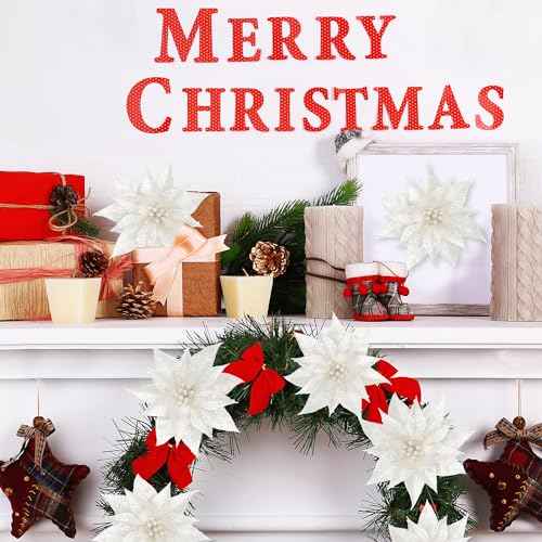Sggvecsy 15 Pcs Christmas Glitter Flowers Christmas Tree Ornaments Shining Artificial Poinsettia Christmas Flowers Decoration with Clips for Xmas Holiday Wedding Wreath Party Floral Decorations(White)