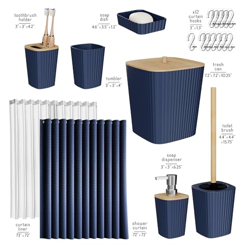 Clara Clark Navy Blue Bathroom Accessory Set with Shower Curtain — Complete Bathroom Decor