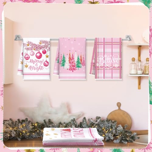 Oudain 6-Pack Pink Christmas Kitchen Towels – 21x14in Microfiber Gift Set, Pastel Pink Winter Decor