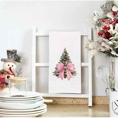 Pink Christmas Tree Kitchen Towels - Pink Christmas Decorations, Christmas Tea Towels, Pink Christmas Kitchen Bathroom Towels,Christmas Hand Towels Pink, 16 x 24 Inch