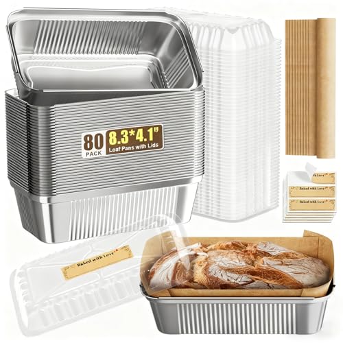 Gyreuni 80 Pack Disposable Aluminum Loaf Pans with Lids 8.3 x 4.1 Inch, High-Temperature Bakeware for Baking & Cooking