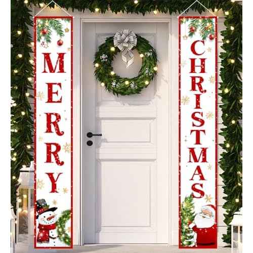 Christmas Door Banner-Christmas Outdoor Decorations Outdoor Santa Claus Snowman Merry Christmas Porch Sign Red Xmas Party Supplies