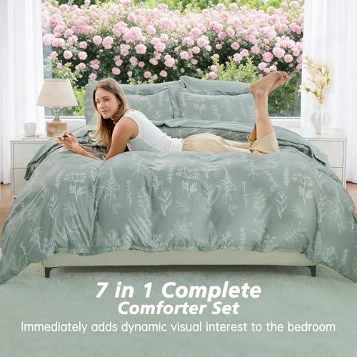 MUXHOMO Queen Floral Comforter Set 7-Piece Bedding in Sage Green Leaves, Queen (88"x 88")