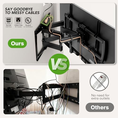 32-85 Inch Full Motion TV Wall Mount with Power Outlet & Dual Articulating Arms - Fits 8-16" Studs, Max VESA 600x400mm, Supports 132lbs