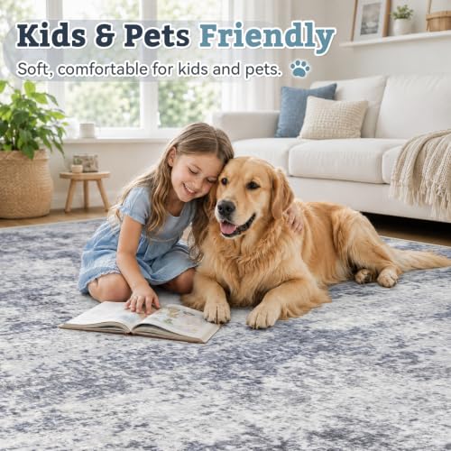 Blue Grey 8x10 Washable Abstract Area Rug for Living Room - Non Slip