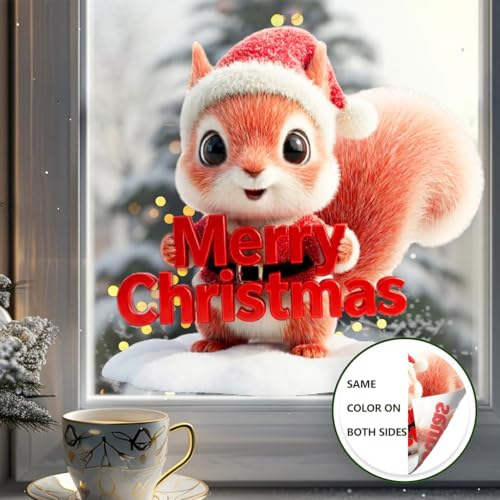 OFdne Style12 Christmas Squirrel Window Cling Holiday Decal - Reusable Static Sticker