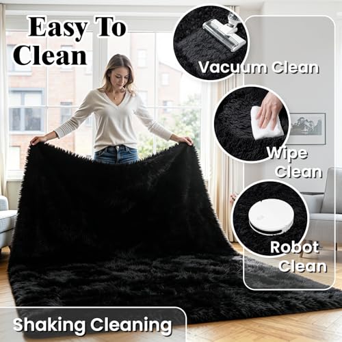 8x10 Fluffy Area Rug for Living Room: Soft Non-Slip Black Bedroom